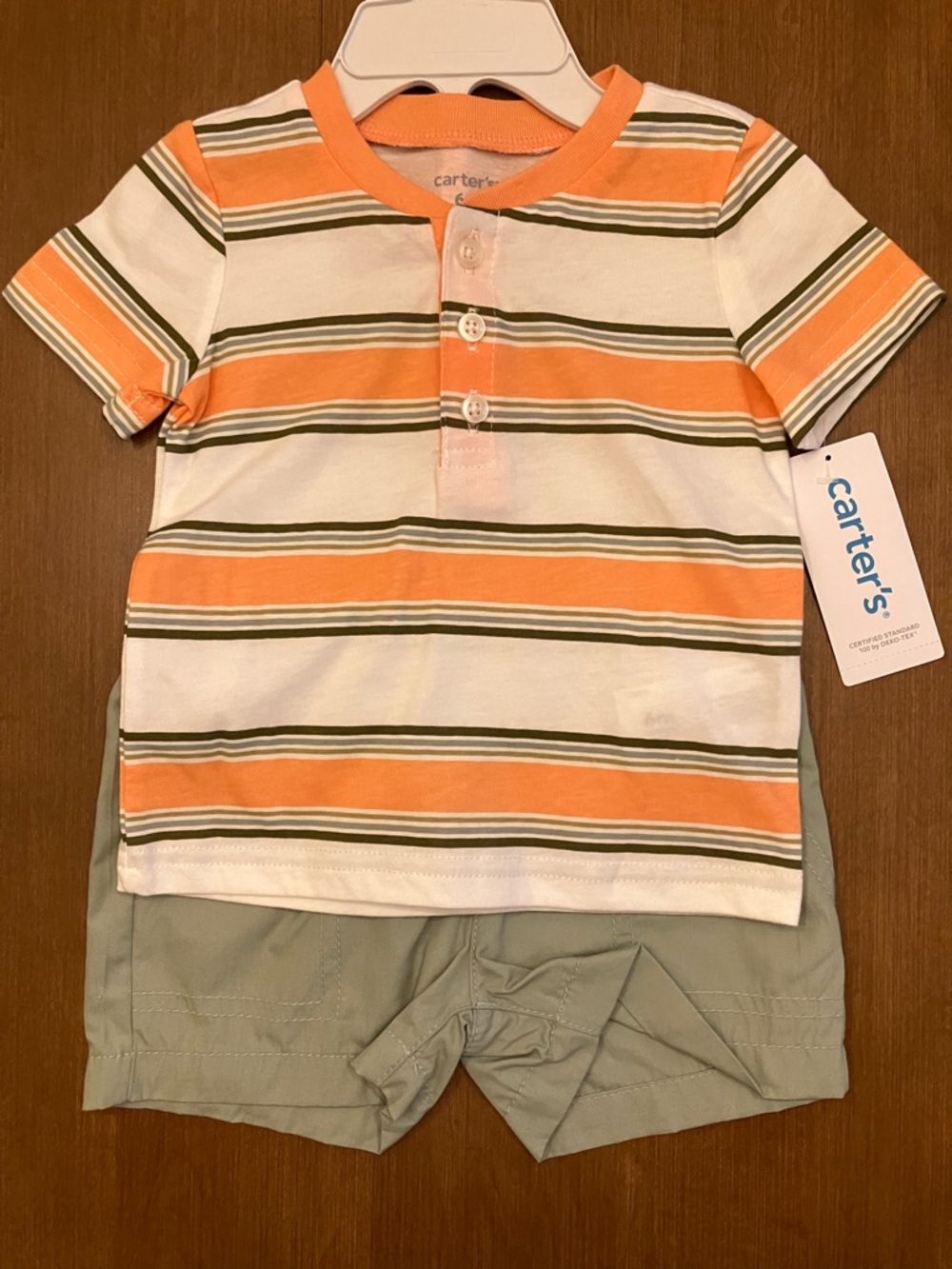 6M Carter's Orange, White & Olive Striped Short Sleeve Henley Tee + Shorts